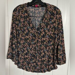Vince Camuto Black Floral V-Neck Blouse with Peach & Blue Flowers